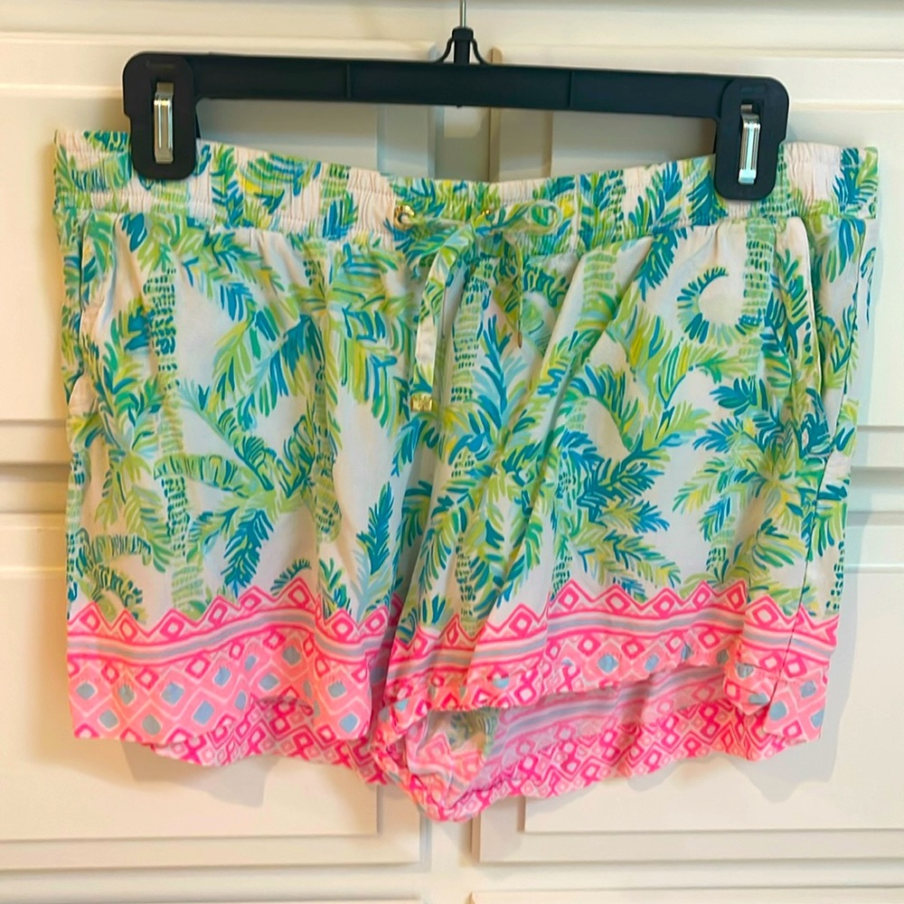 Lilly Pulitzer Palm Print Drawstring Shorts in White, Green, Blue, Pink
